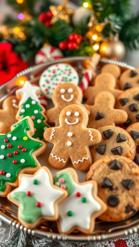 A festive platter of assorted Christmas cookies, including gingerbread men and frosted sugar cookies, on a decorated table.